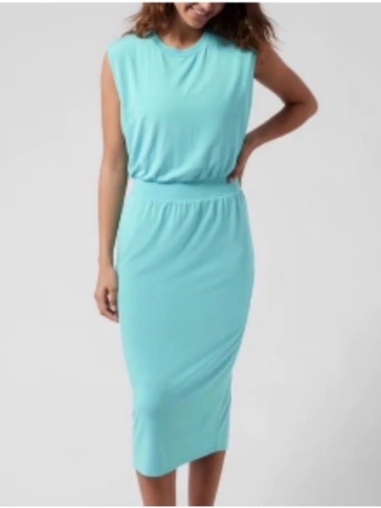 Athleta Dresses & Skirts - ATHLETA Santorini Cinch Jersey Knit Sleeveless Midi Dress Aqua Blue Size Small
